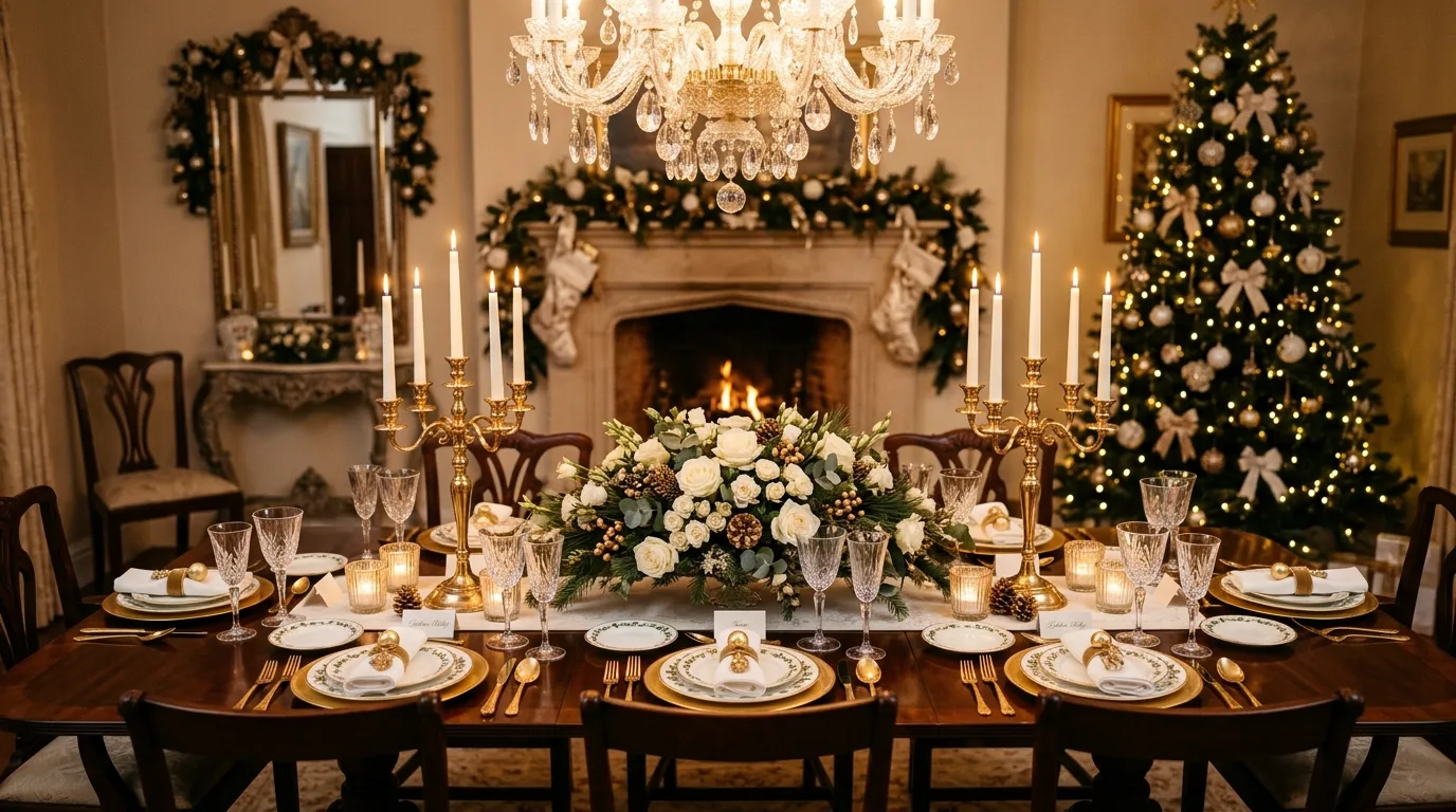 Elegant Christmas dining table with gold cutlery and crystal glassware.